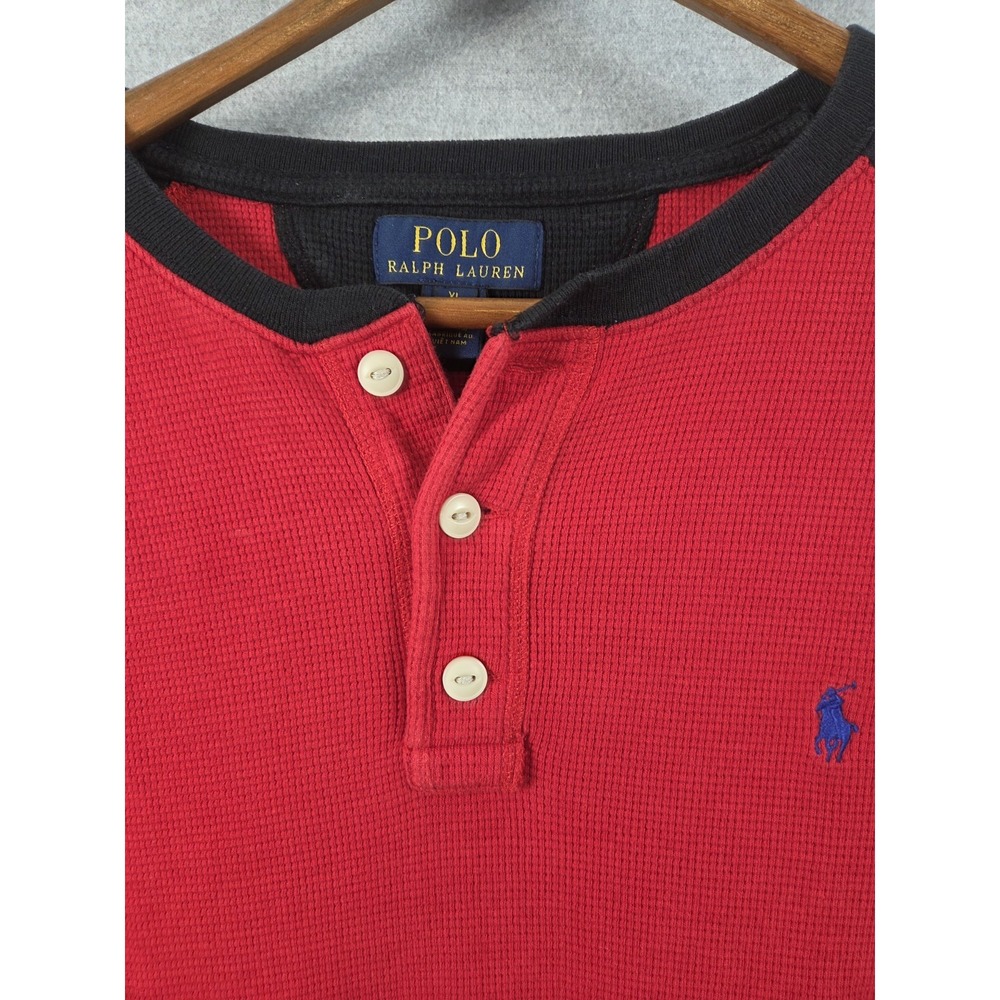 Polo Ralph Lauren Boys XL 18-20 Henley Waffle Knit Shirt Red Black Long Sleeve